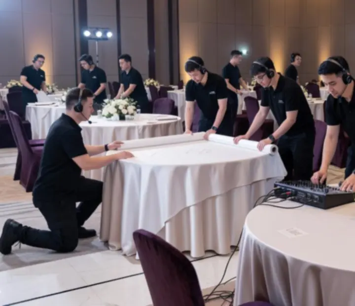 Kompleksowa produkcja wydarzenia z elegancką scenografią i mobilnymi stołami rozrywkowymi