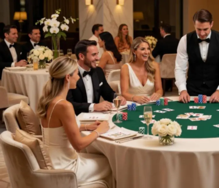 Elegancki wieczór eventowy z mobilnym stołem pokerowym i gośćmi przy stole