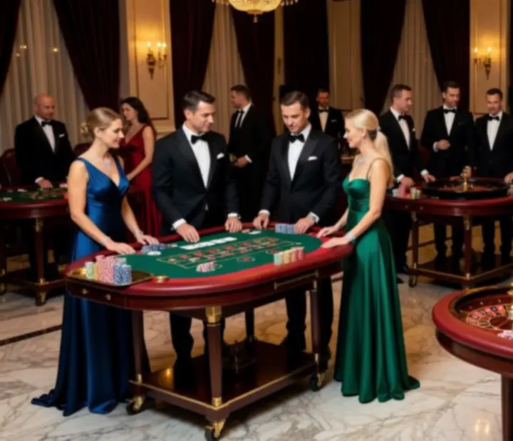 Wieczór firmowy w stylu Vegas z eleganckimi stołami do gier w Warszawie